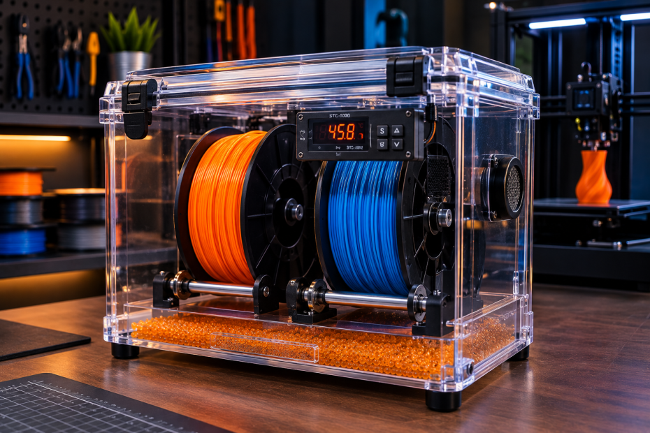 Caixa desidratadora caseira com controle de temperatura para secar filamento Nylon e TPU.